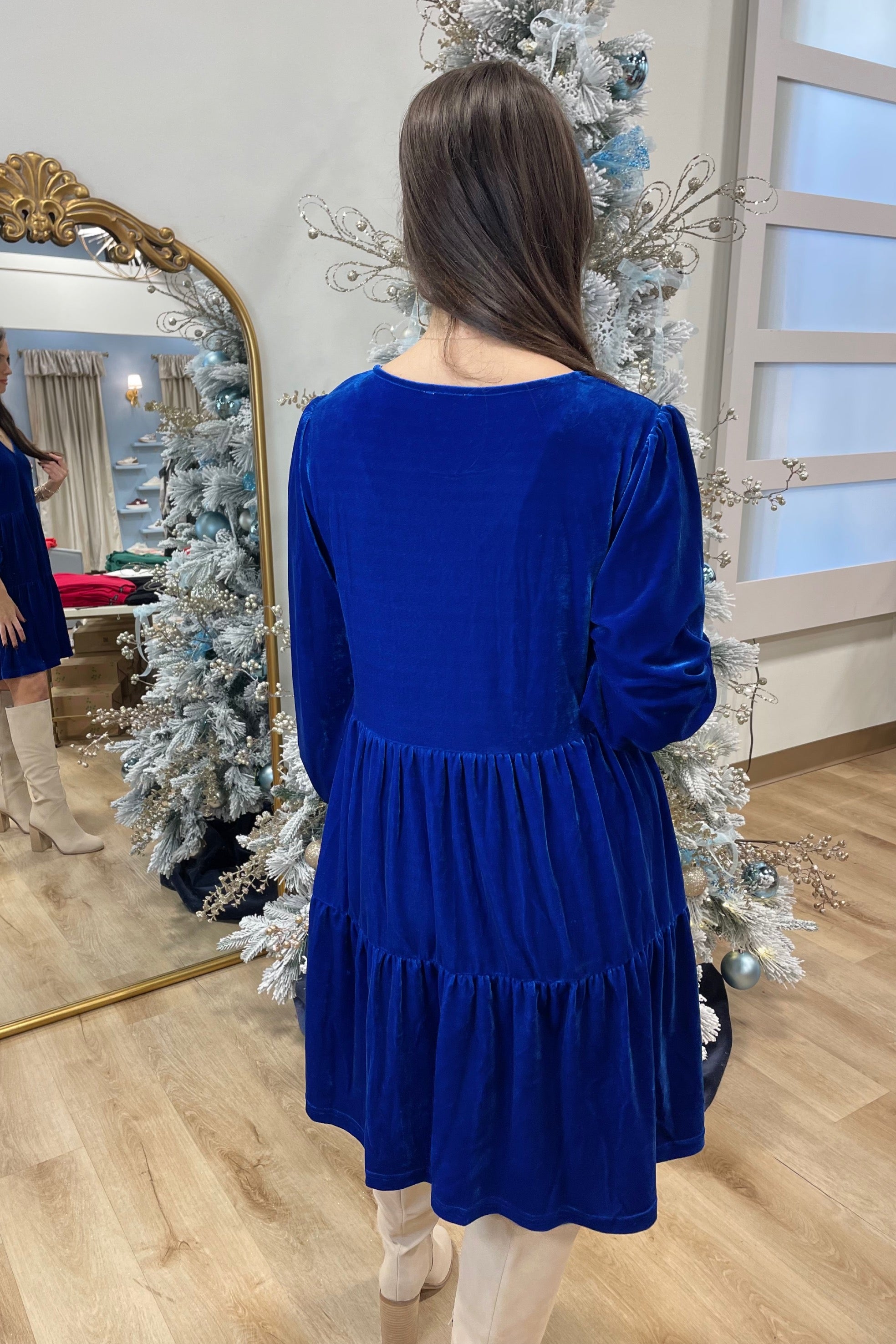 Umgee Velveteen V Neck Layered Dress Cobalt Blue