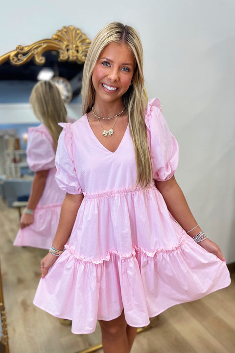Cotton Candy Crush Ruffle Shoulder Dress Pink