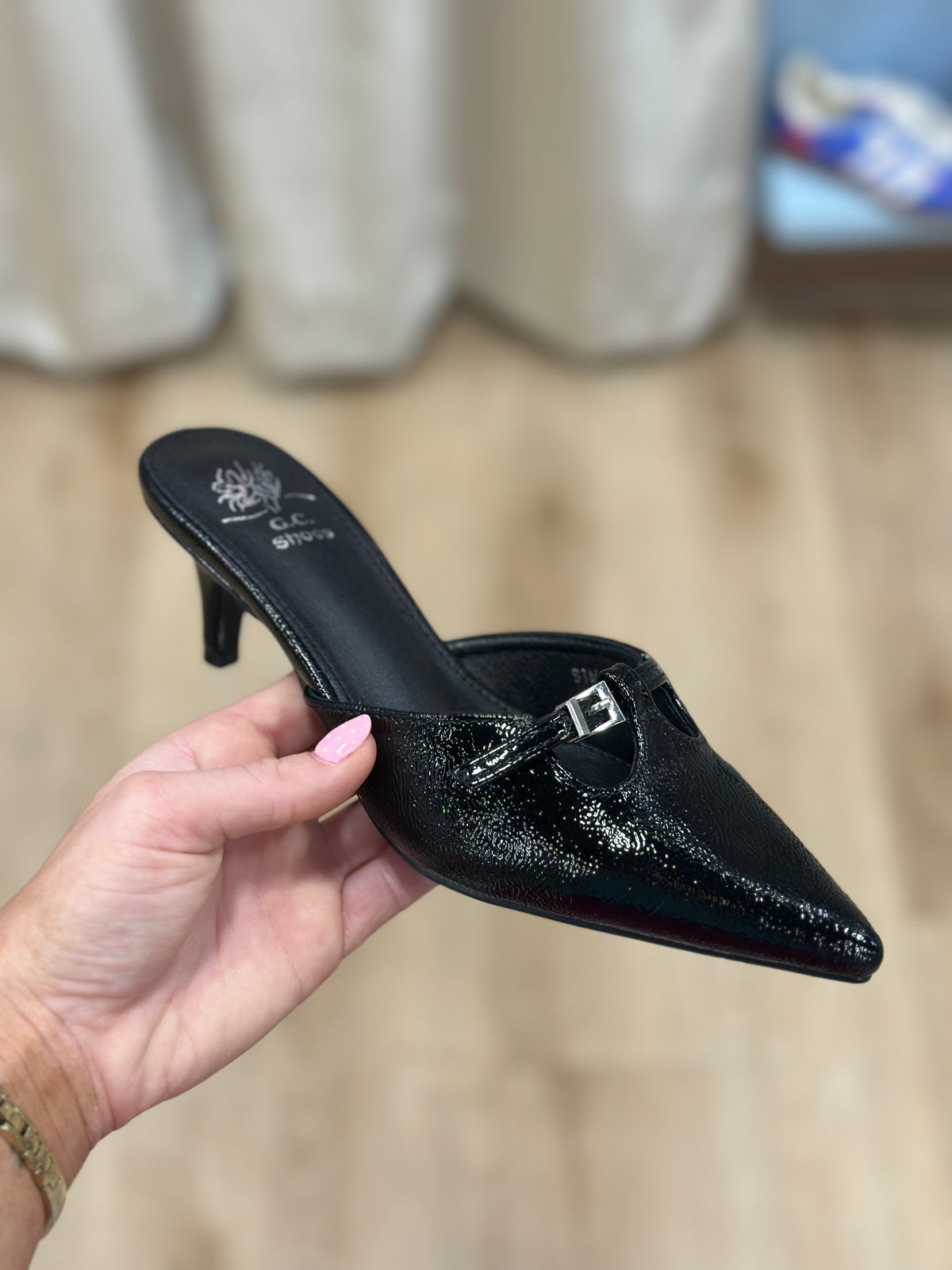 Simone Black Patent Kitten Heel Sandals