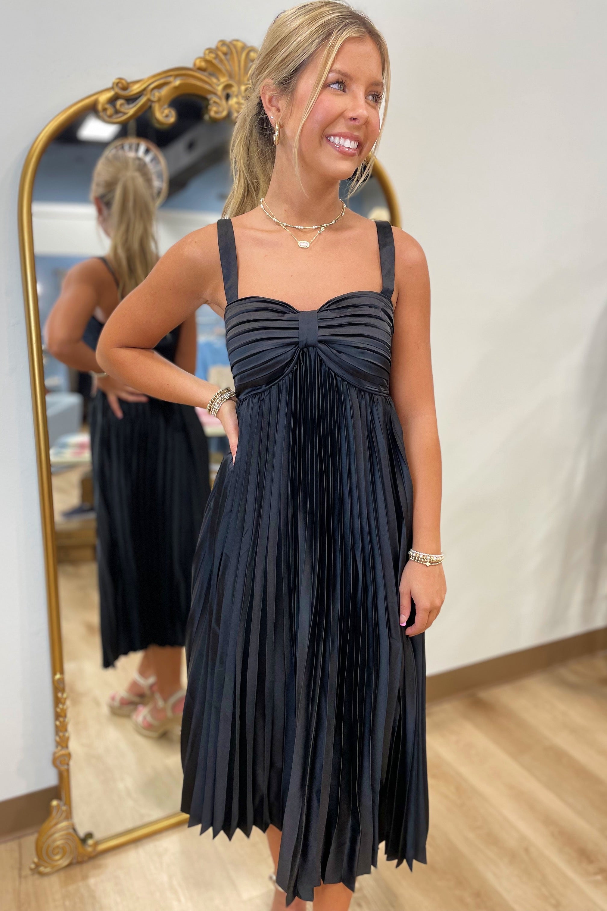 Enchanting Evening Satin Pleated Midi Dress Black