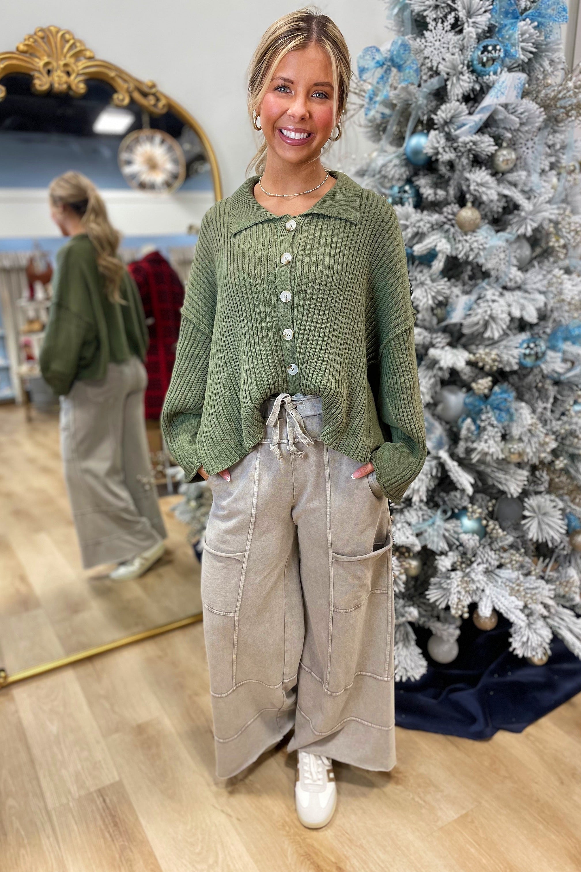 Winter Wear Ribbed Button Up Sweater Olive