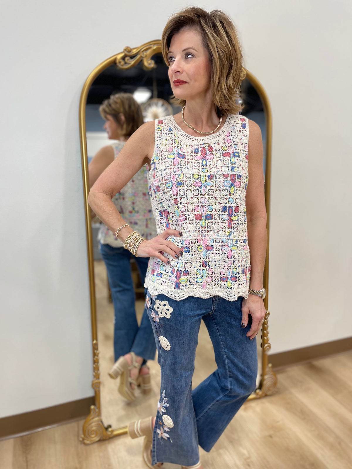 Charlie B Embroidered Crochet Jean Medium Blue
