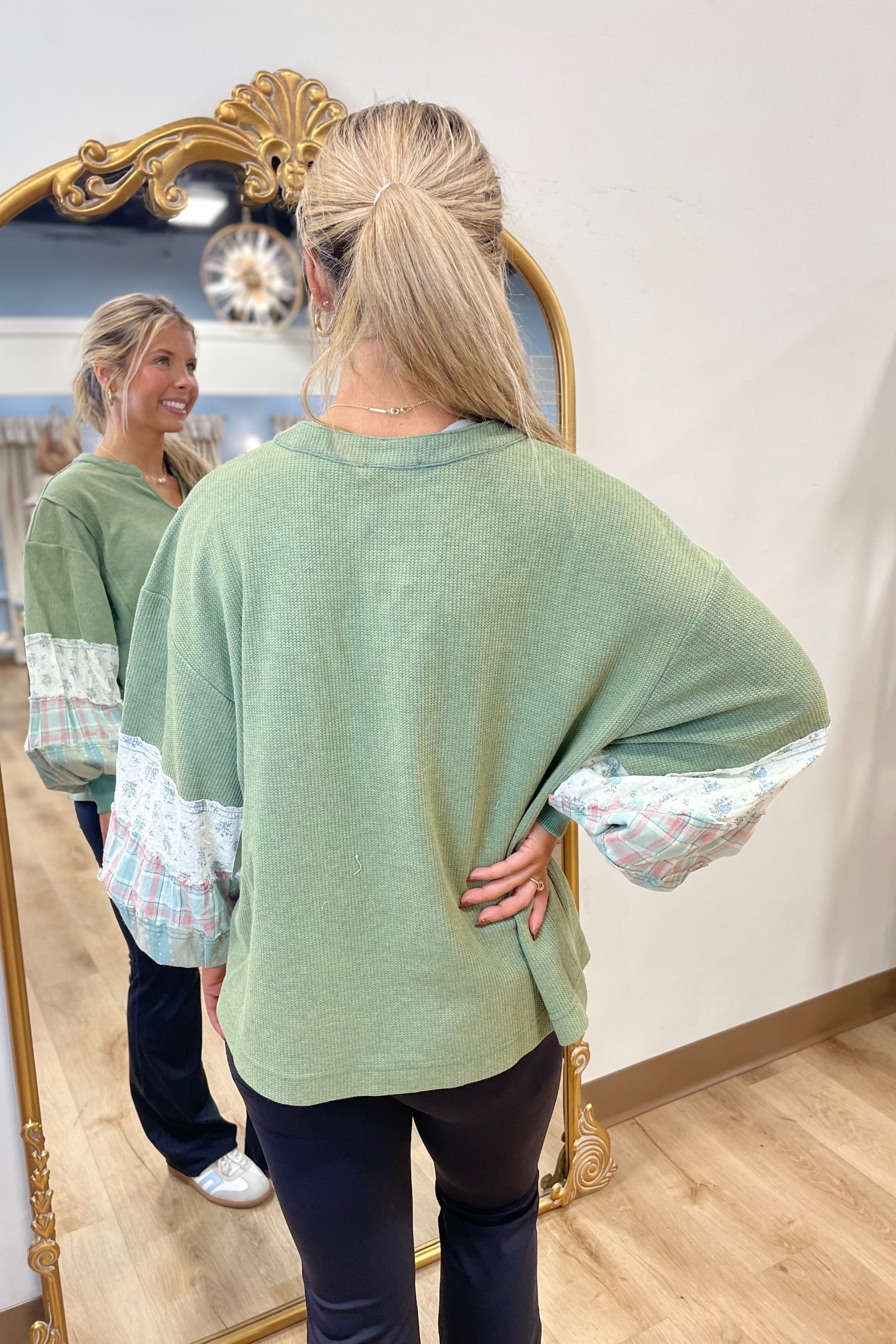 Blue Rose Patch Sleeve Top Sage