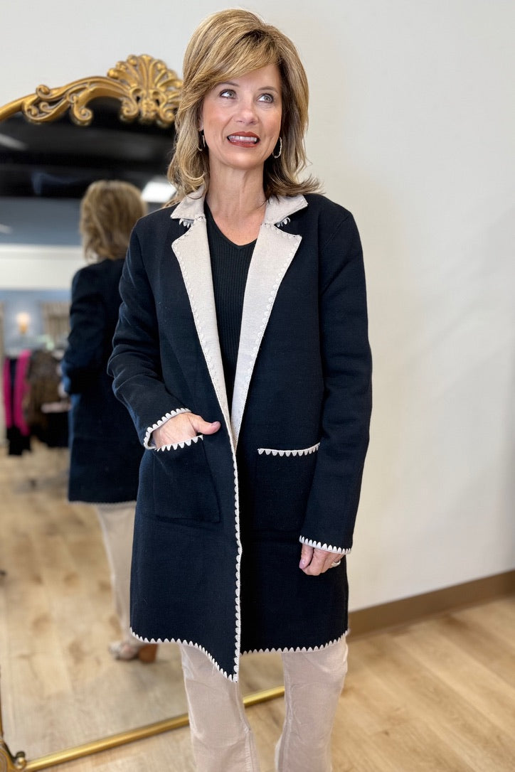 Charlie B Blanket Stitch Long Cardigan Black