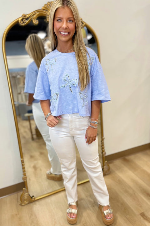 Bow Laser Cut Cropped Tee Blue