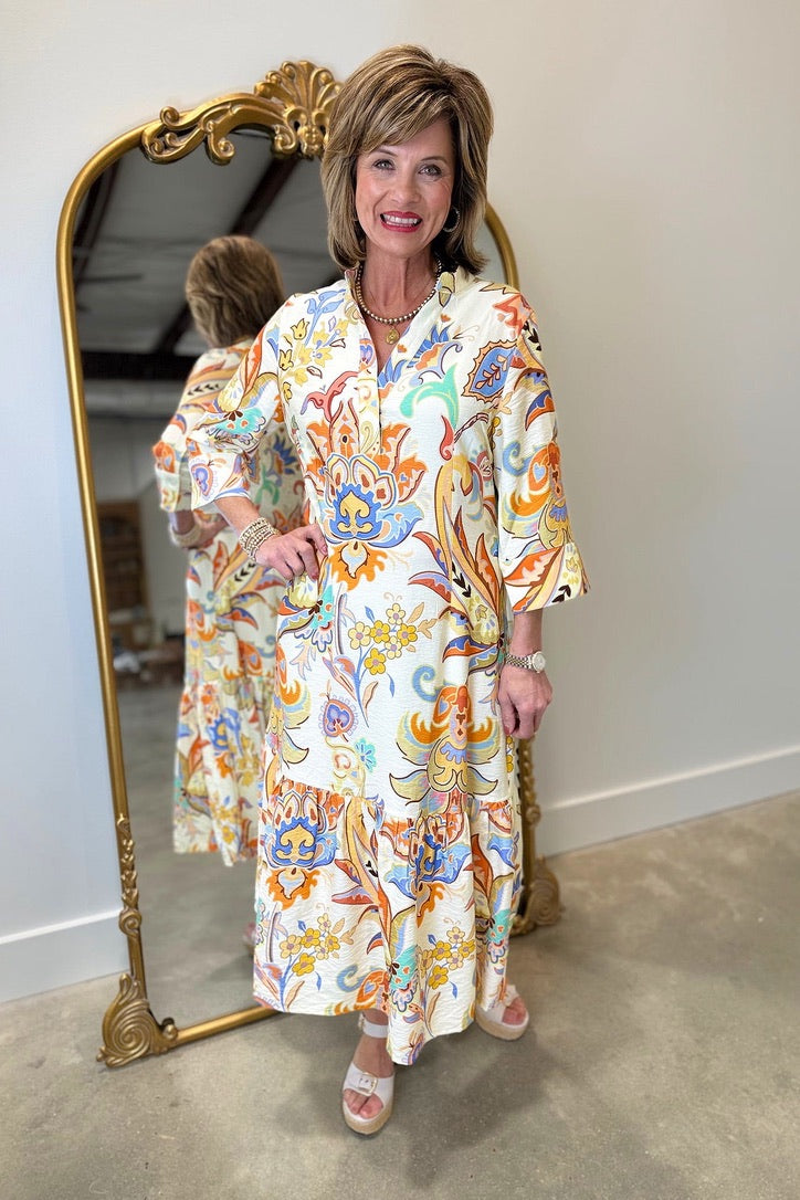 Boho Chic Paisley Midi Dress Cream