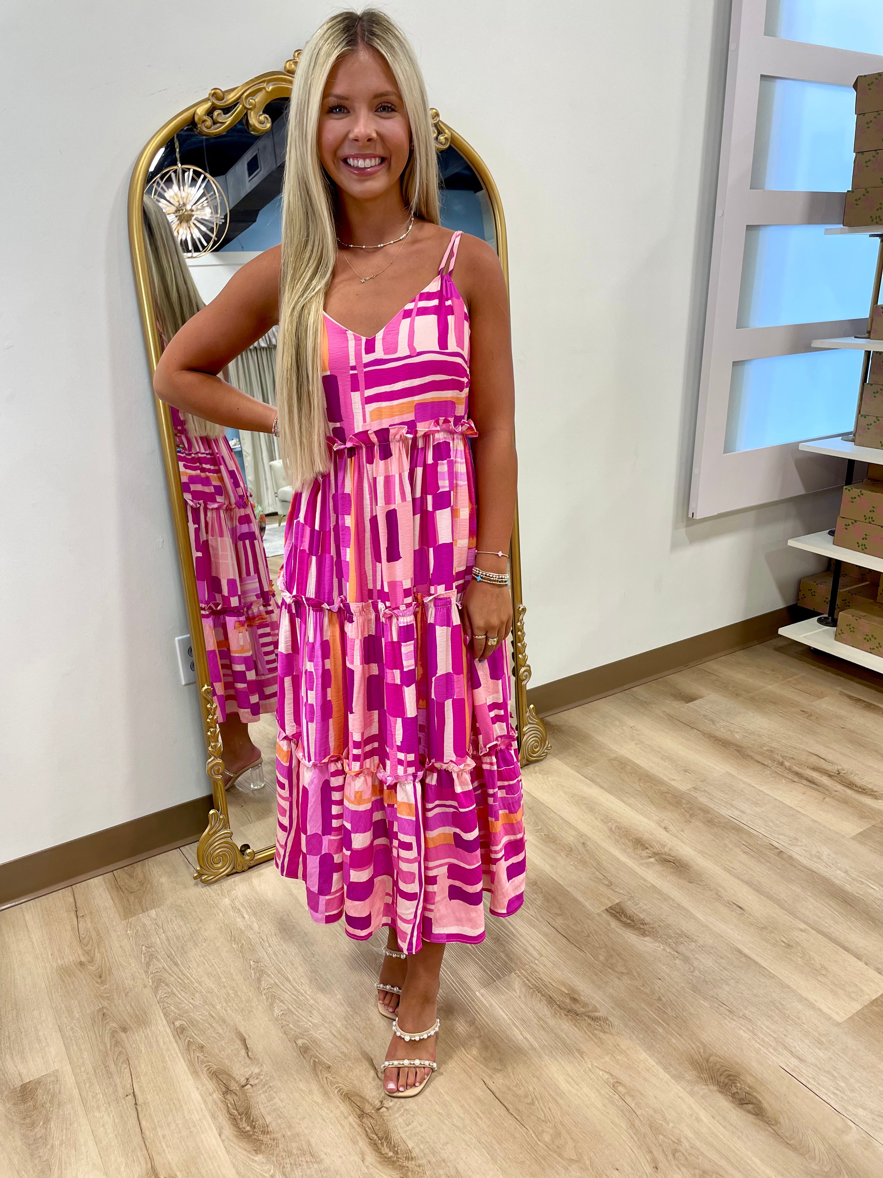 Block Party Tiered Dress Pink Mix