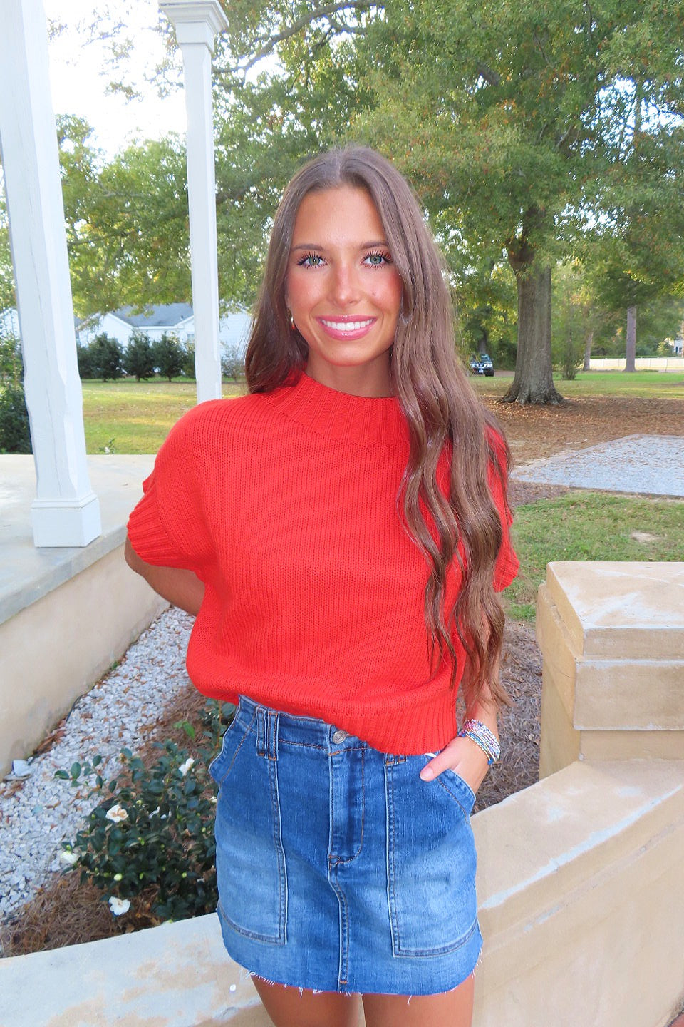 Harvest Time Mock Neck SS Sweater Top Tomato