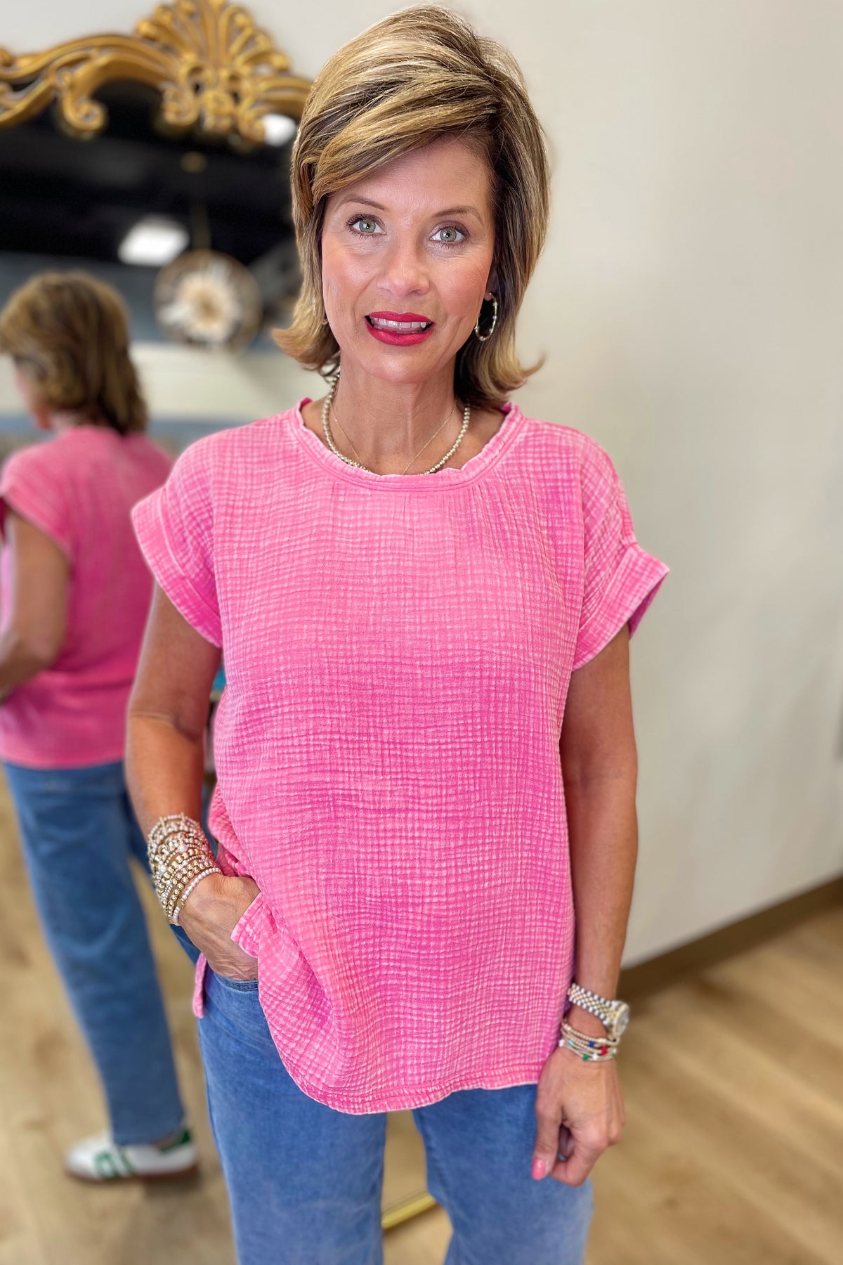 Going w Gauze Acid Washed Top Fuchsia