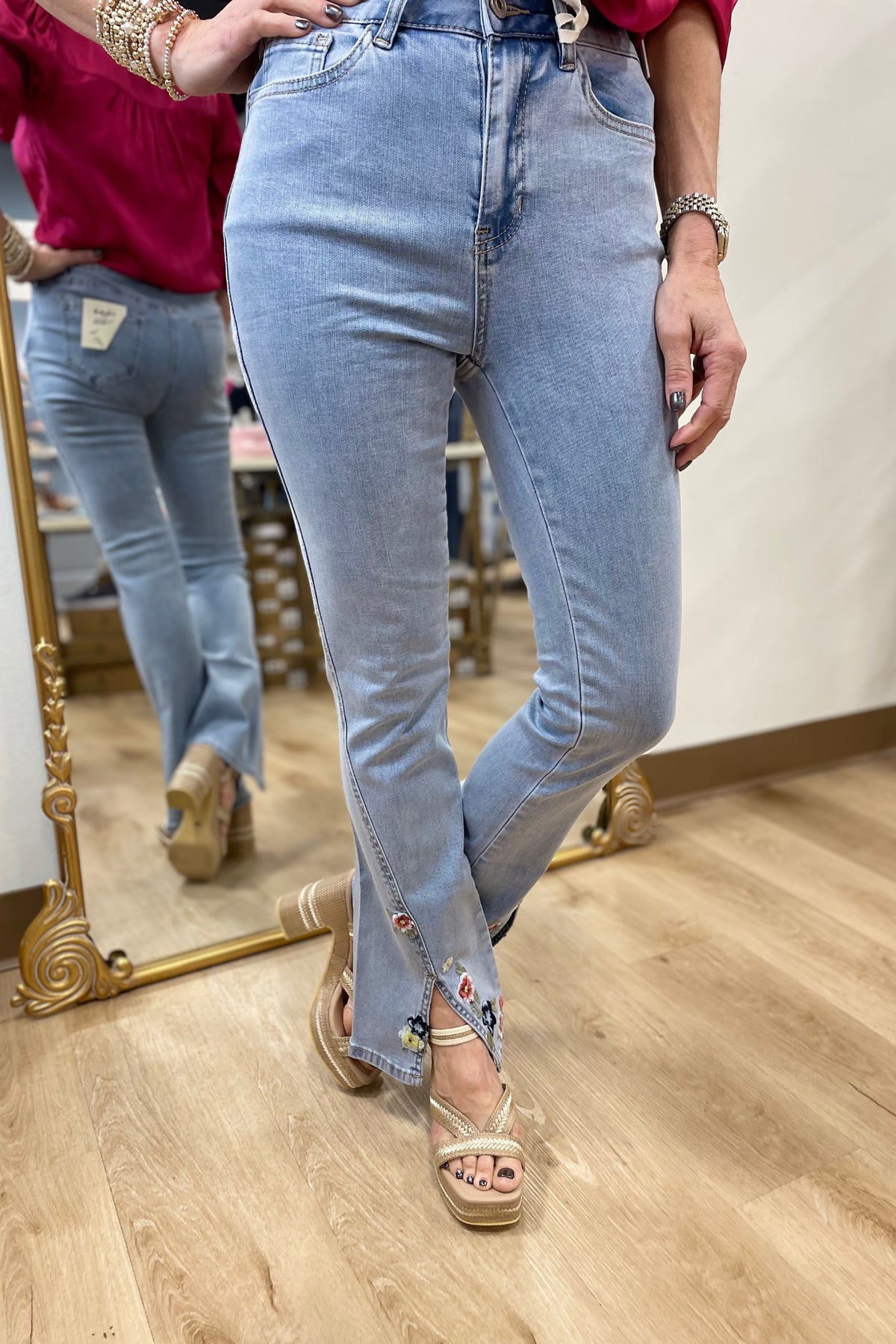 Charlie B Front Slit Embroidered Pant