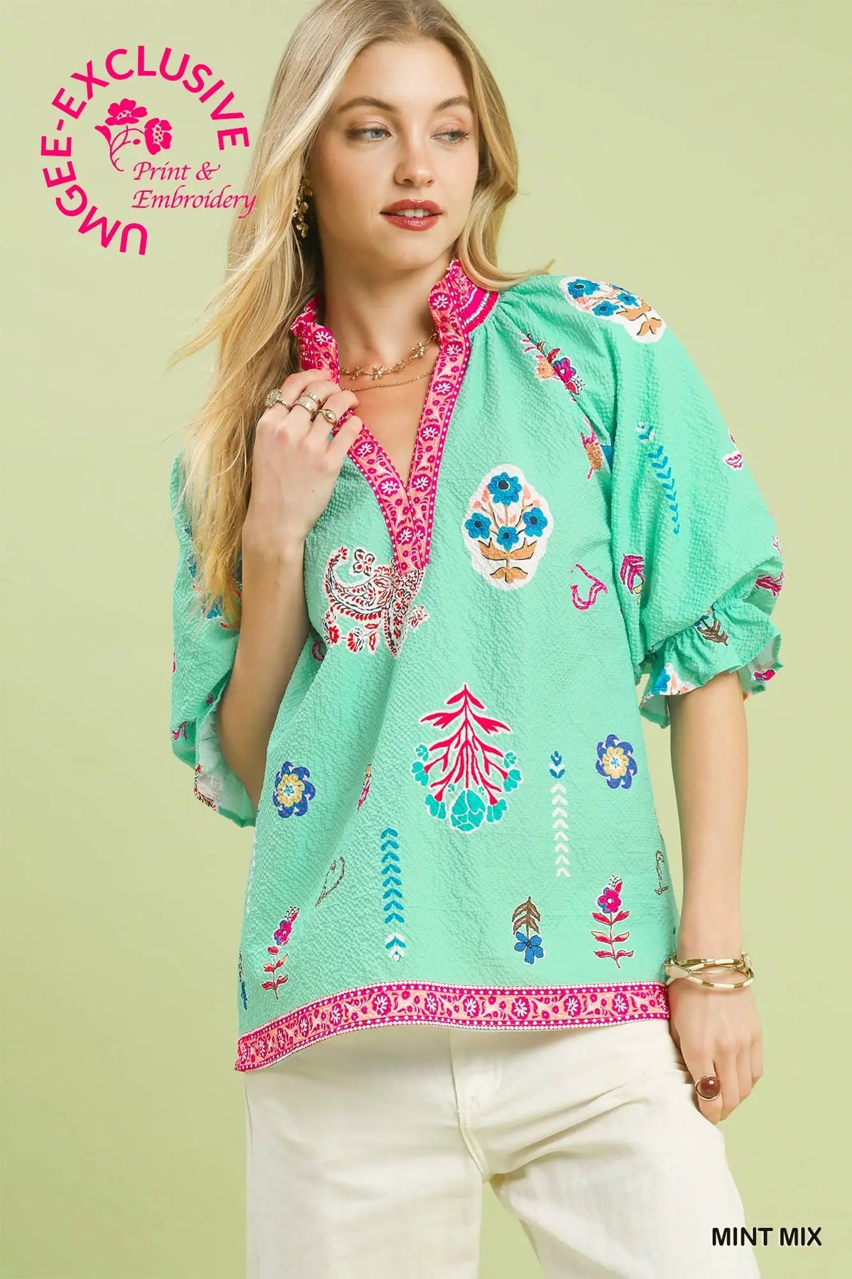 Umgee Mint Mix Print Blouse Cream