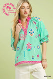 Umgee Mint Mix Print Blouse Cream