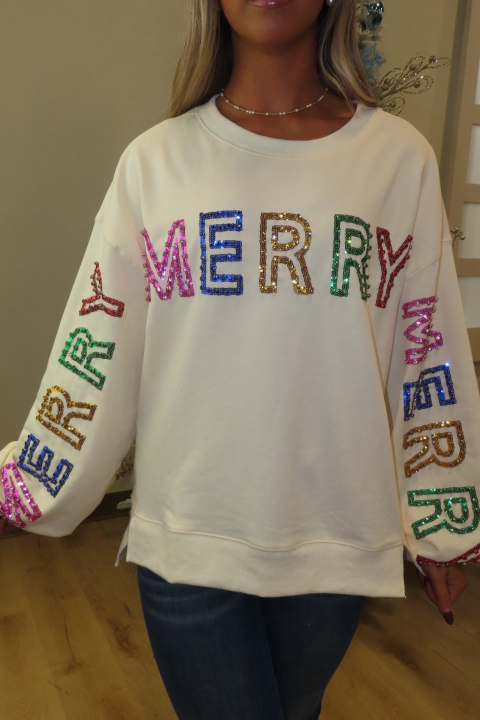 Merry Merry Merry Rhinestone Embellished Sweatshirt Cream