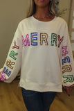 Merry Merry Merry Rhinestone Embellished Sweatshirt Cream