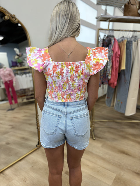 Daisy Printed Square Neck Crop Top