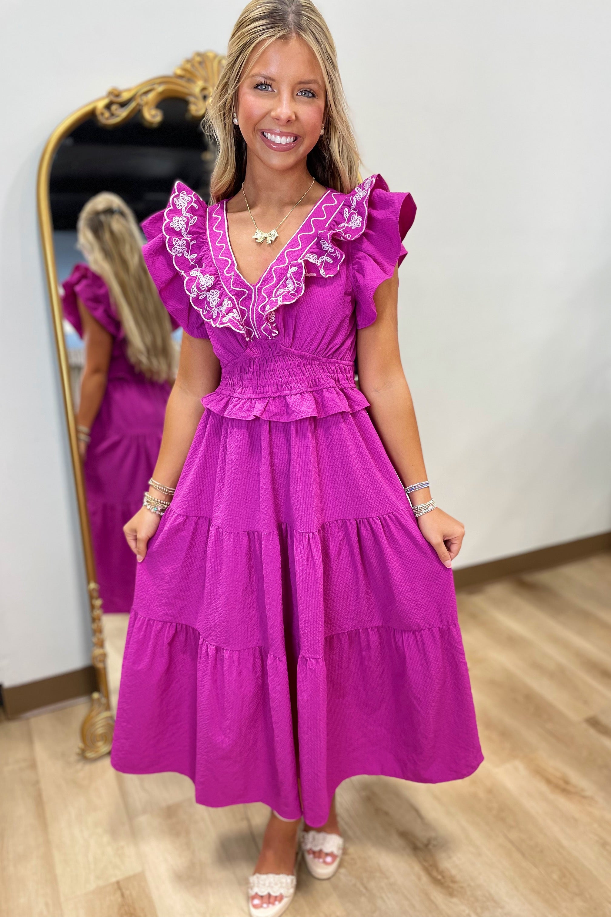 magenta midi dress Women's Tailored Sleeveless Shimmer Dress, Partial Button Down Magenta Split Neck Puff Short