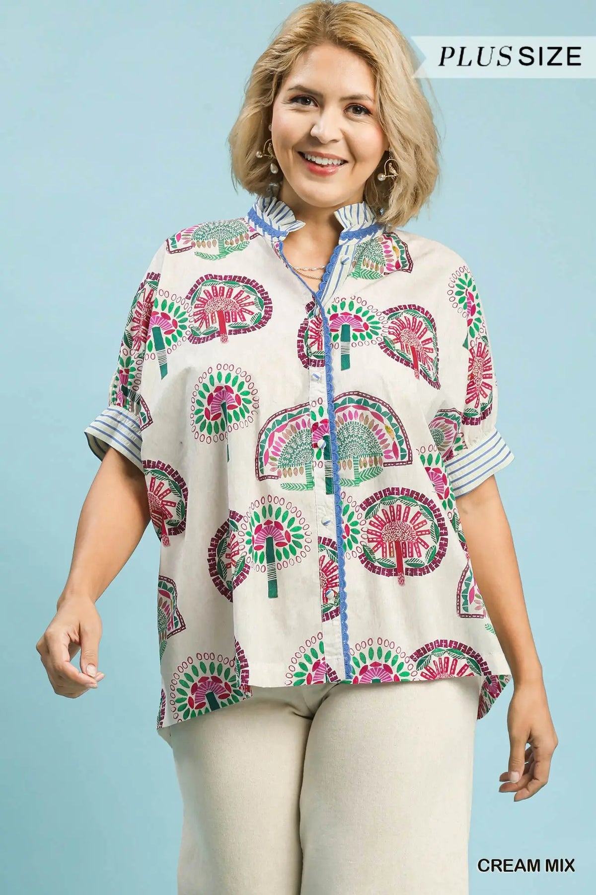 Umgee Ric Rac Trimmed Printed Blouse Cream