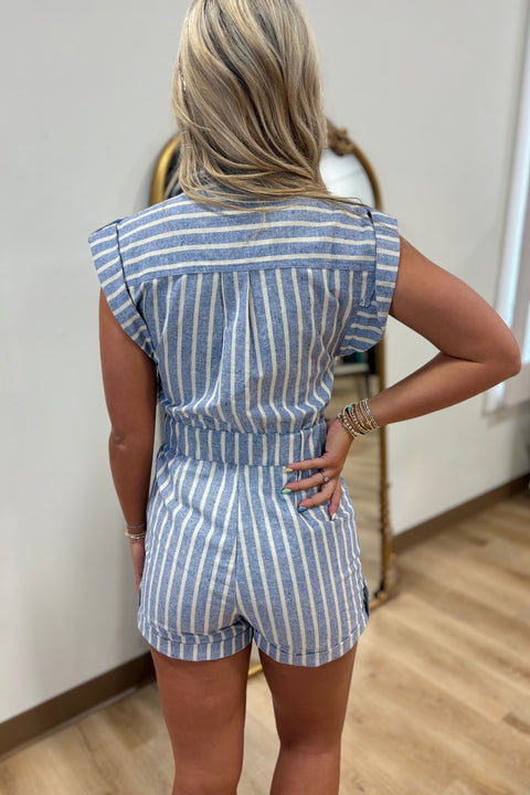 Karlie Chambray Stripe Romper Blue