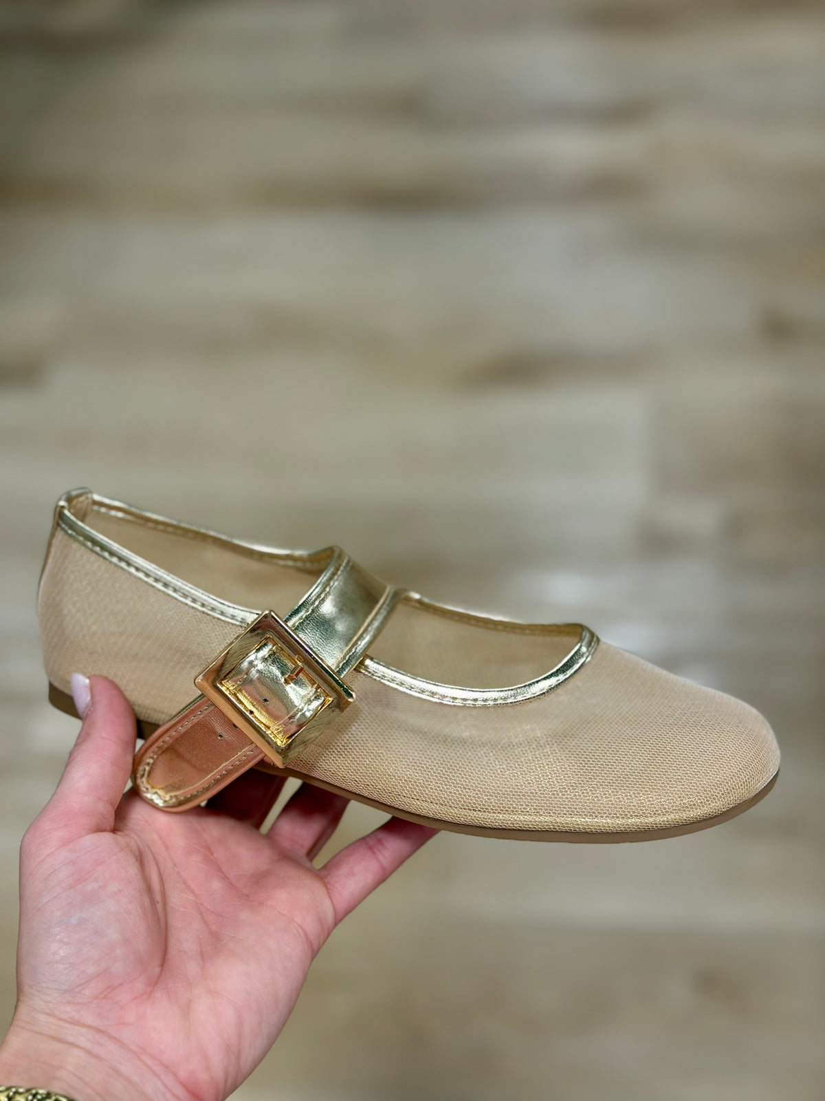Faye 1 Sheer Mary Jane Flat Gold