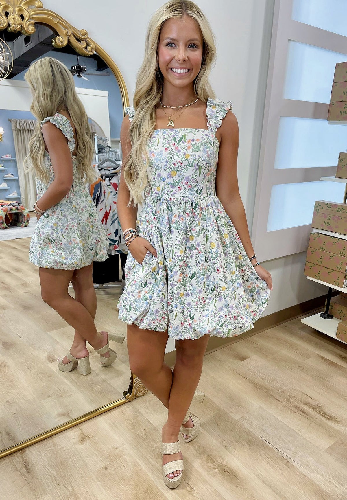 Ruched Bubble Mini Dress Floral