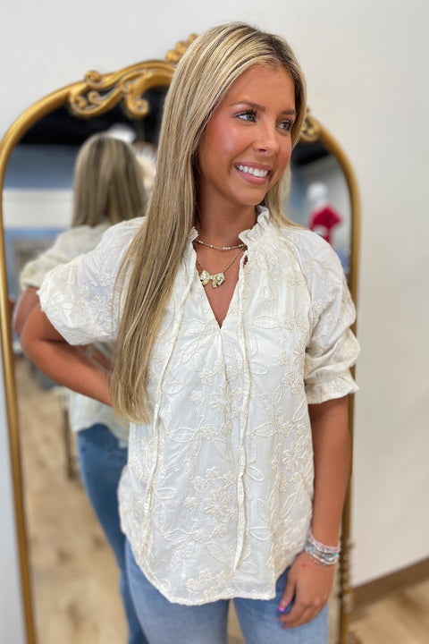 Classic Embroidery V Neck Top Ivory