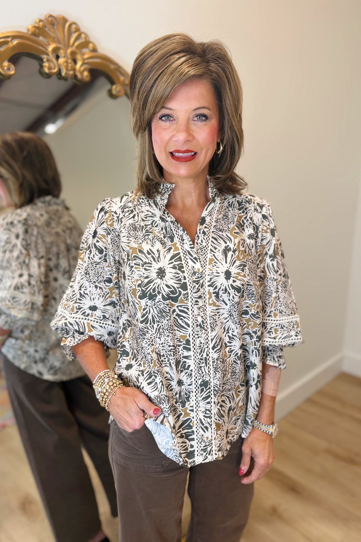Umgee Floral Print Blouse Taupe