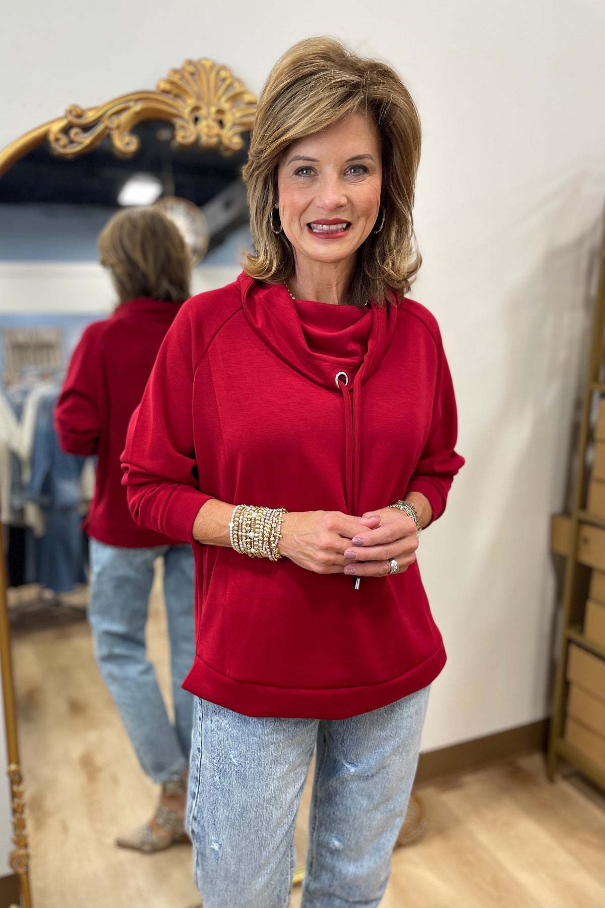 Multiples Cowl Collar Top Crimson
