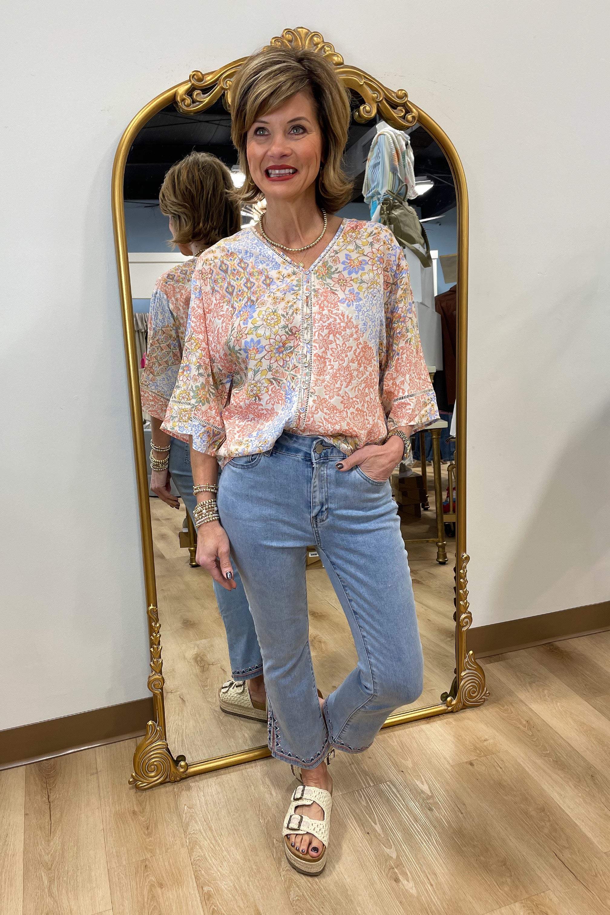 Charlie B Wide Sleeve Blouse Flowers