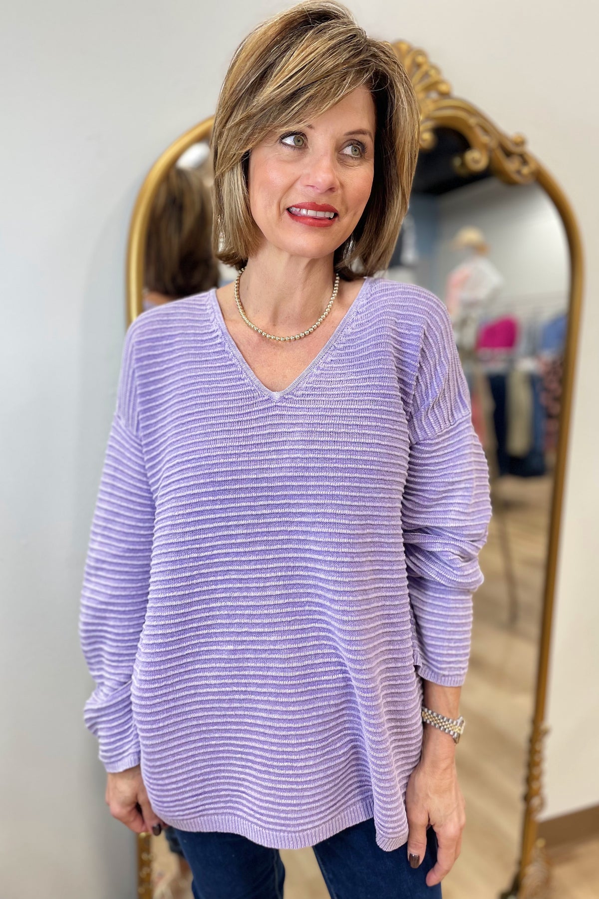 PBJ Horizontal Rib V Neck Pullover Lavender
