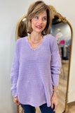 PBJ Horizontal Rib V Neck Pullover Lavender