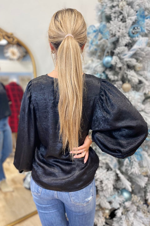 Metallic Midnight Balloon Sleeve Blouse