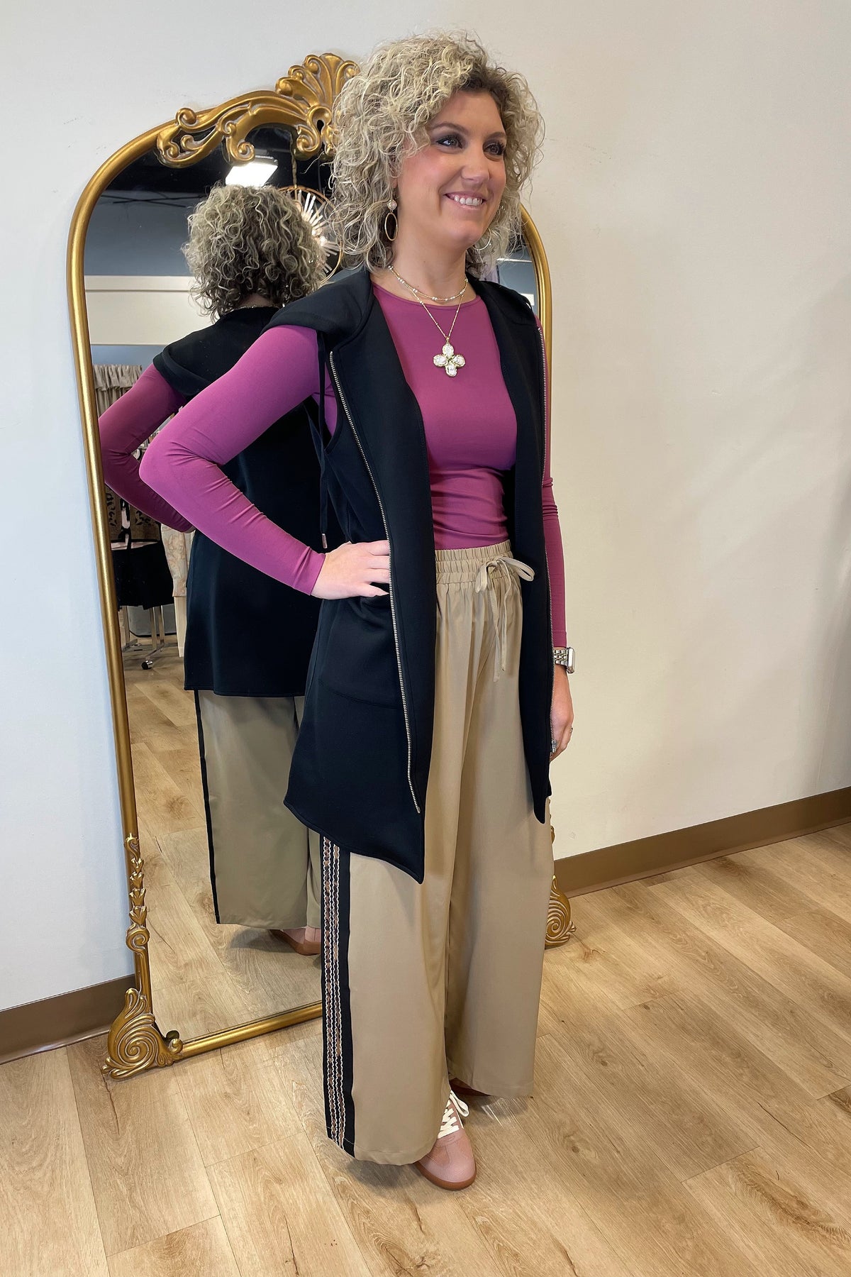 Umgee Leopard Trim Pants Taupe