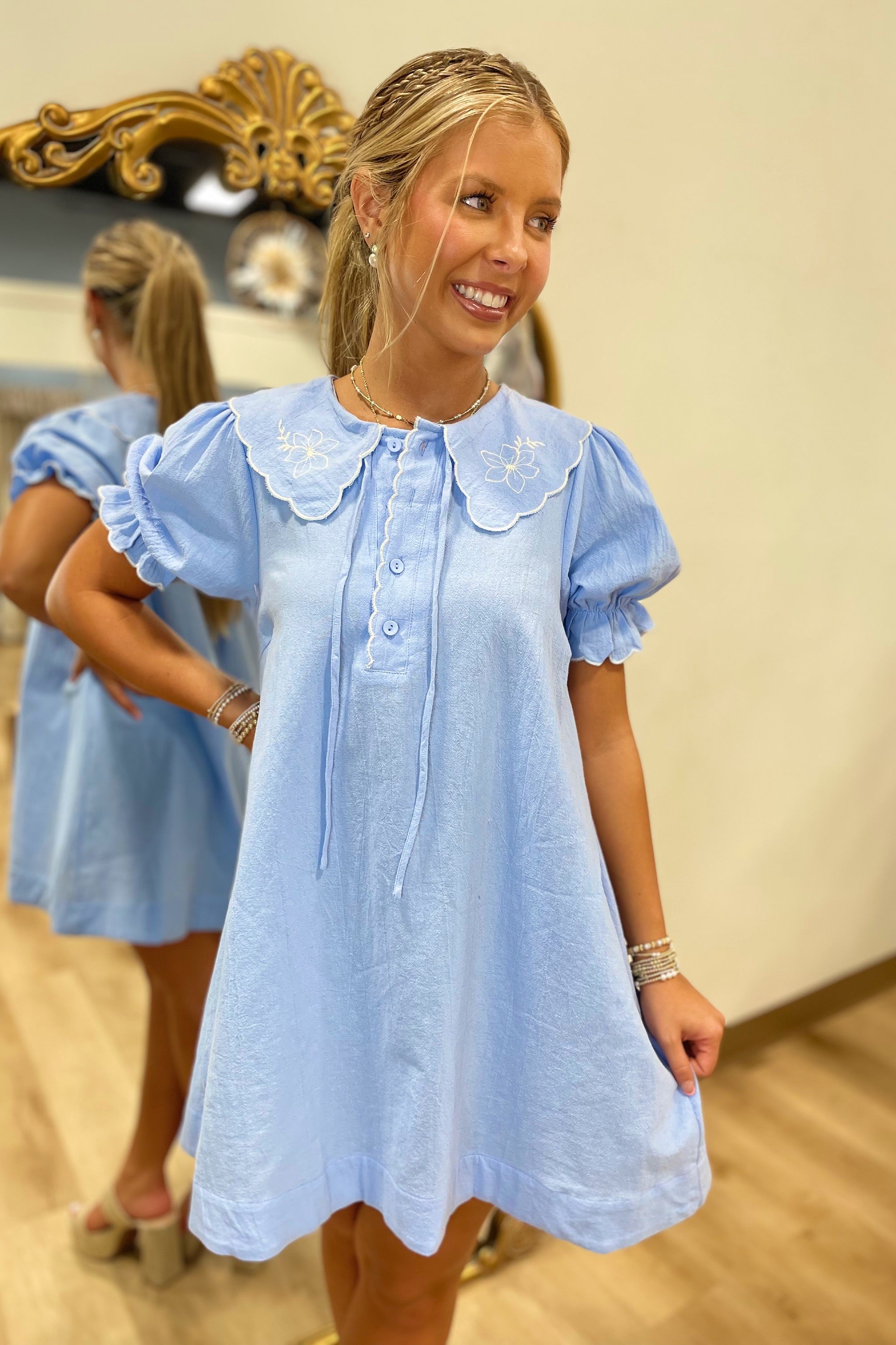 Umgee Scalloped Edge Dress Blue