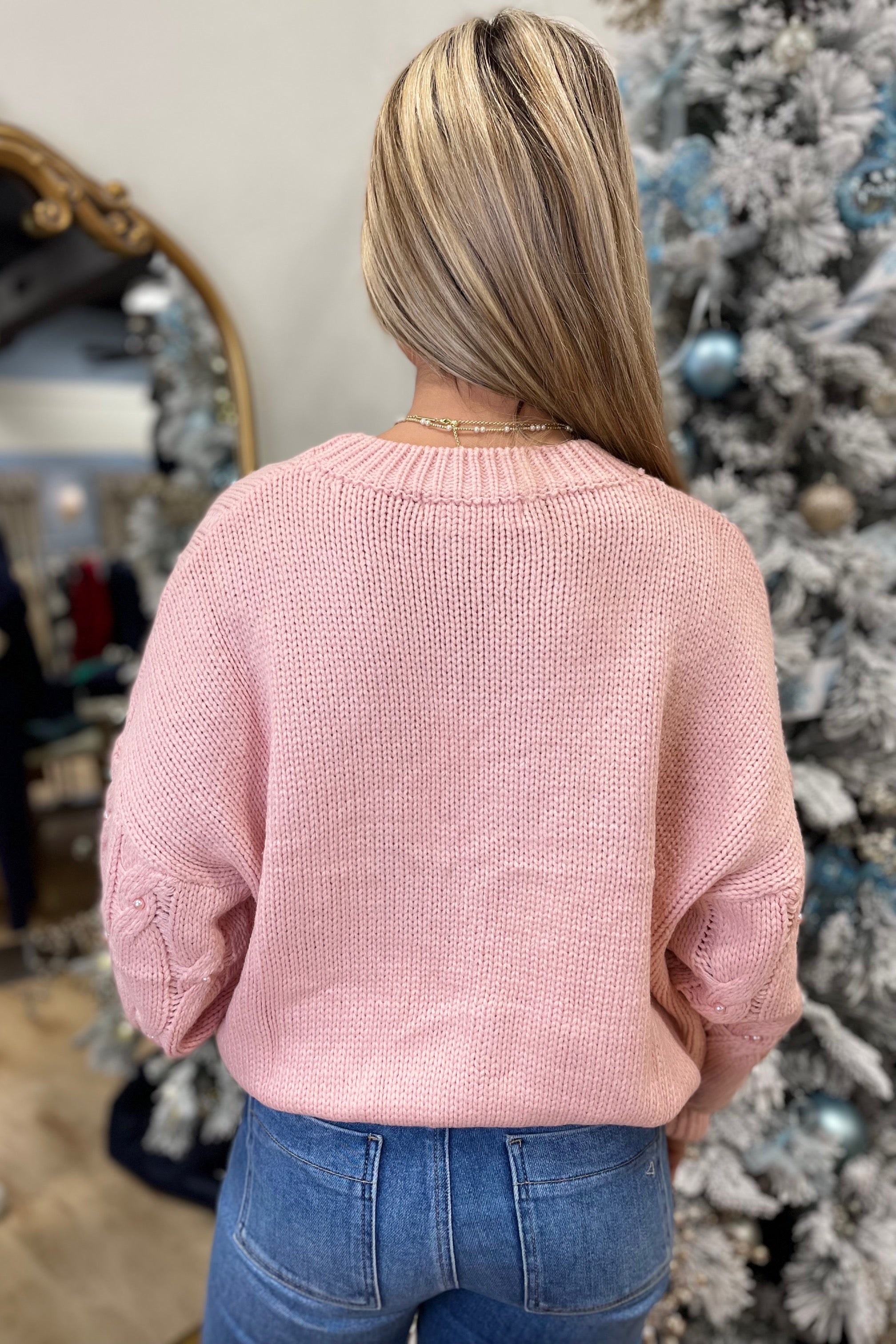 Winter Radiance Cable Pearl Sweater Pink