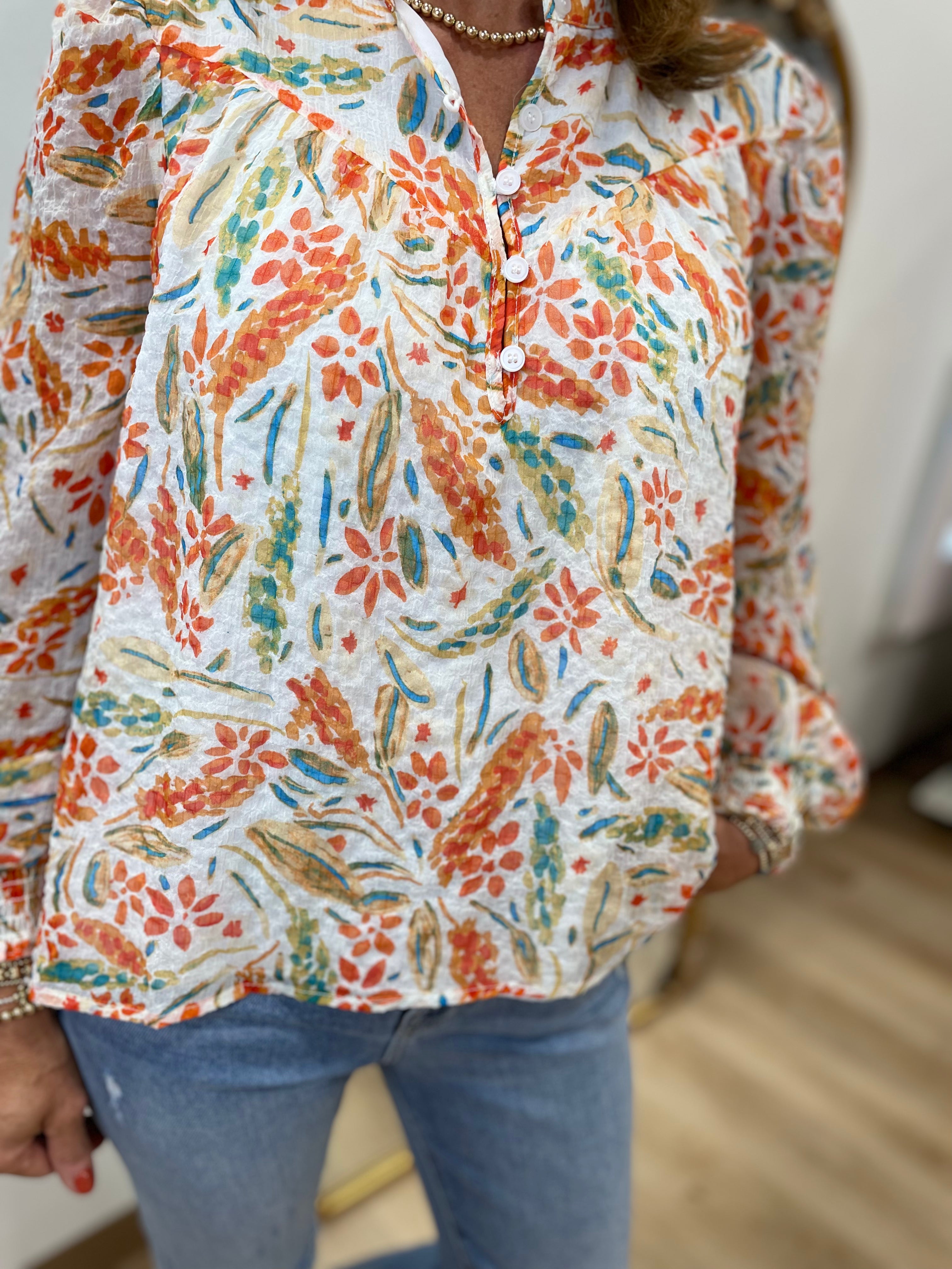 Frannie Frill Neck Floral Blouse Orange Cream