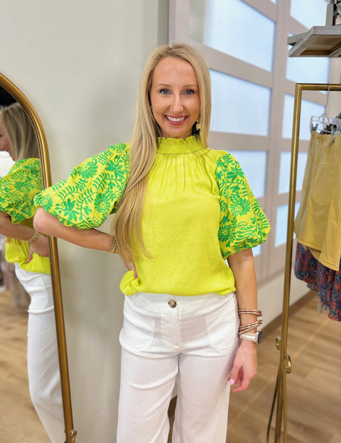 Cate Embroidered Balloon Sleeve Top Yellow