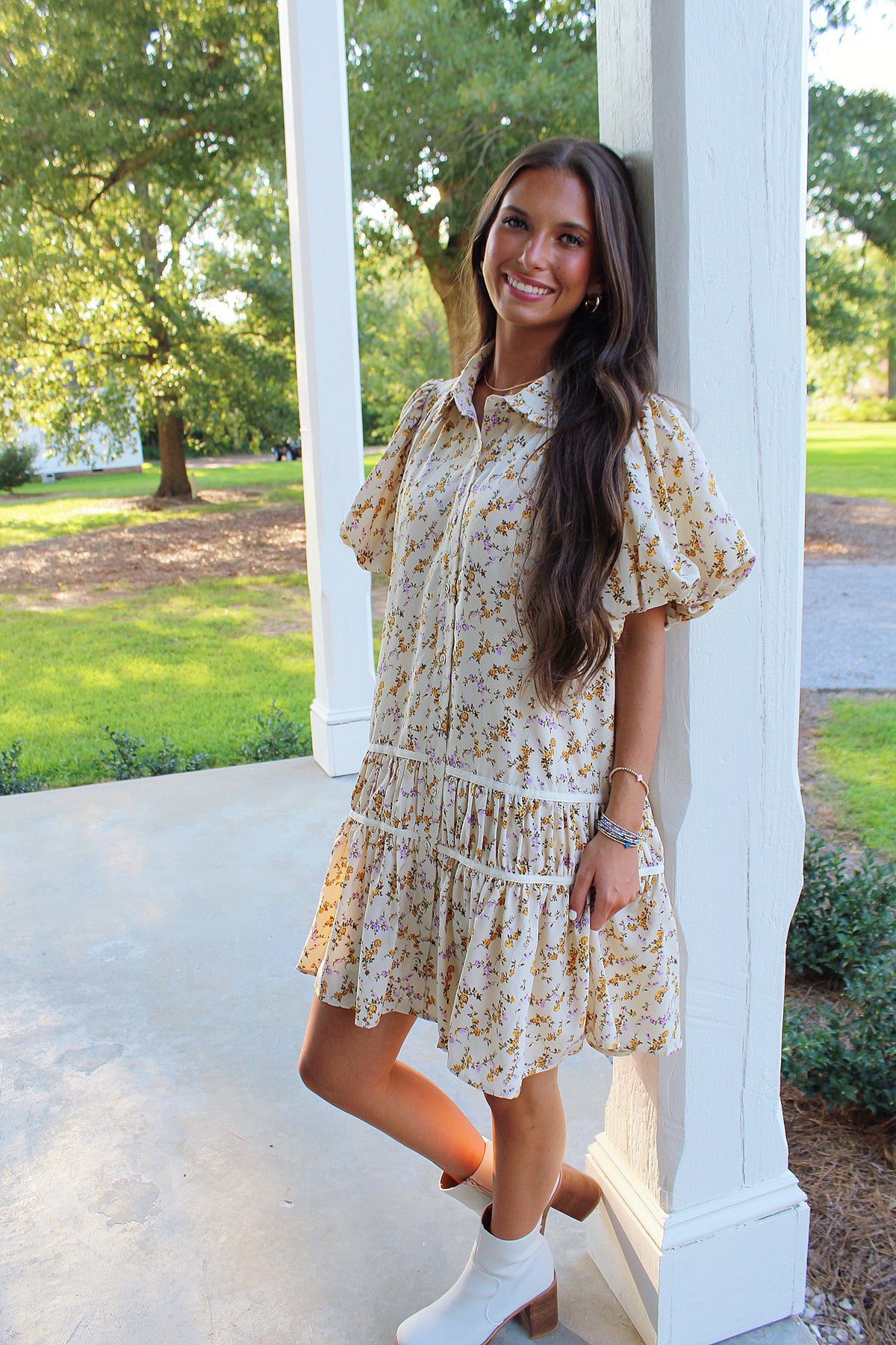Flower Fall Puff Sleeve Dress Ecru