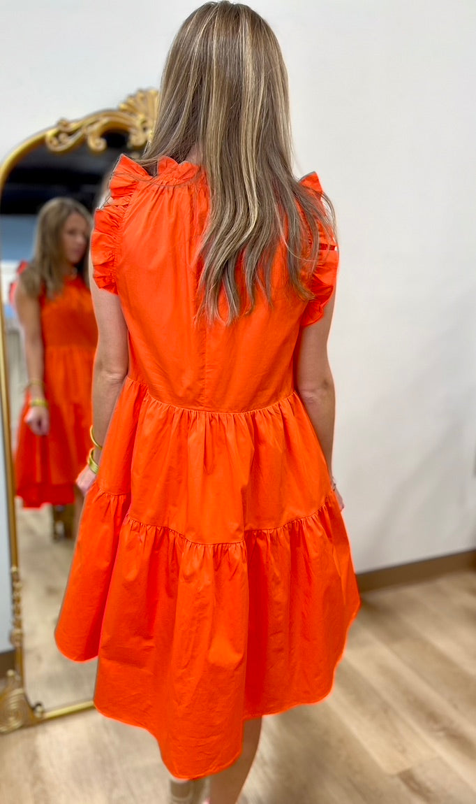 Moodie Tiered Poplin Dress Red Orange