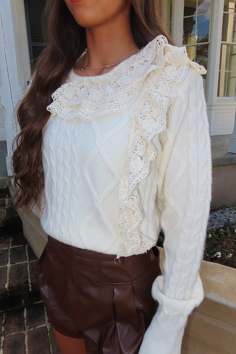 Lean on Me Lace Crochet Knit Sweater Cream
