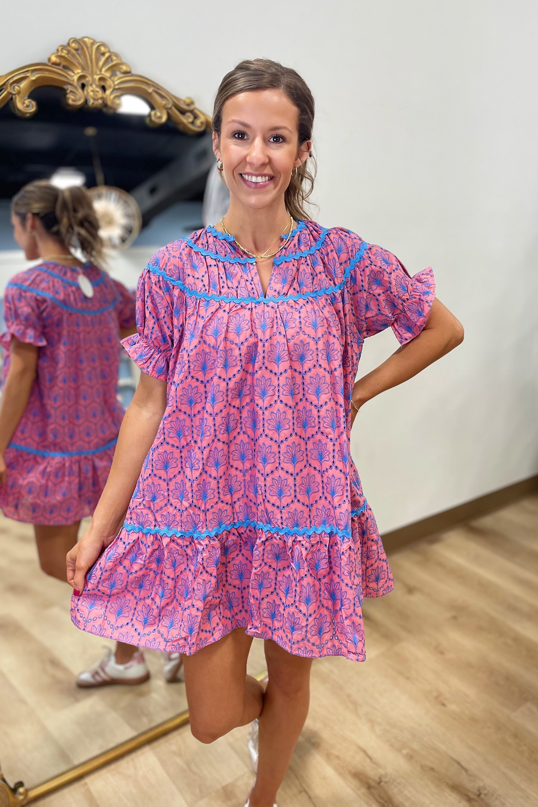 Umgee Stitched Floral Dress Pink