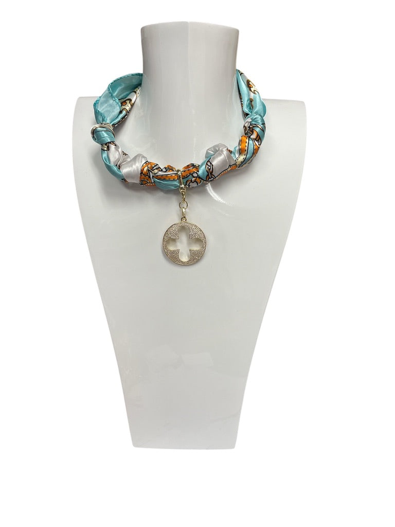 Scarf Charm Necklace Aqua Cross