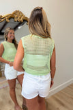 Open Weave Foil Knit Crochet Tank Green