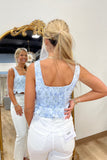 Fiona Floral Jacquard Peplum Crop Top Blue