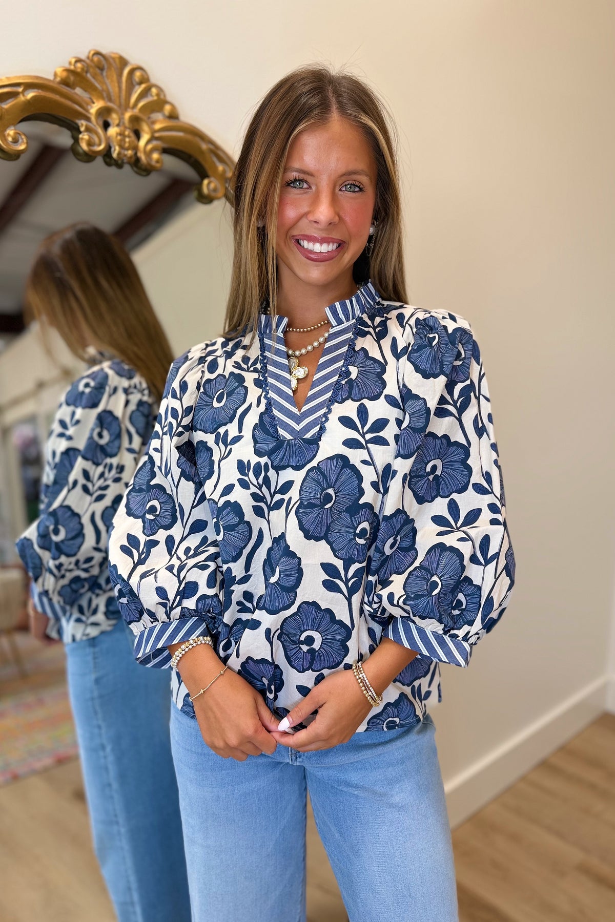 Honor Roll Blue Print Blouse