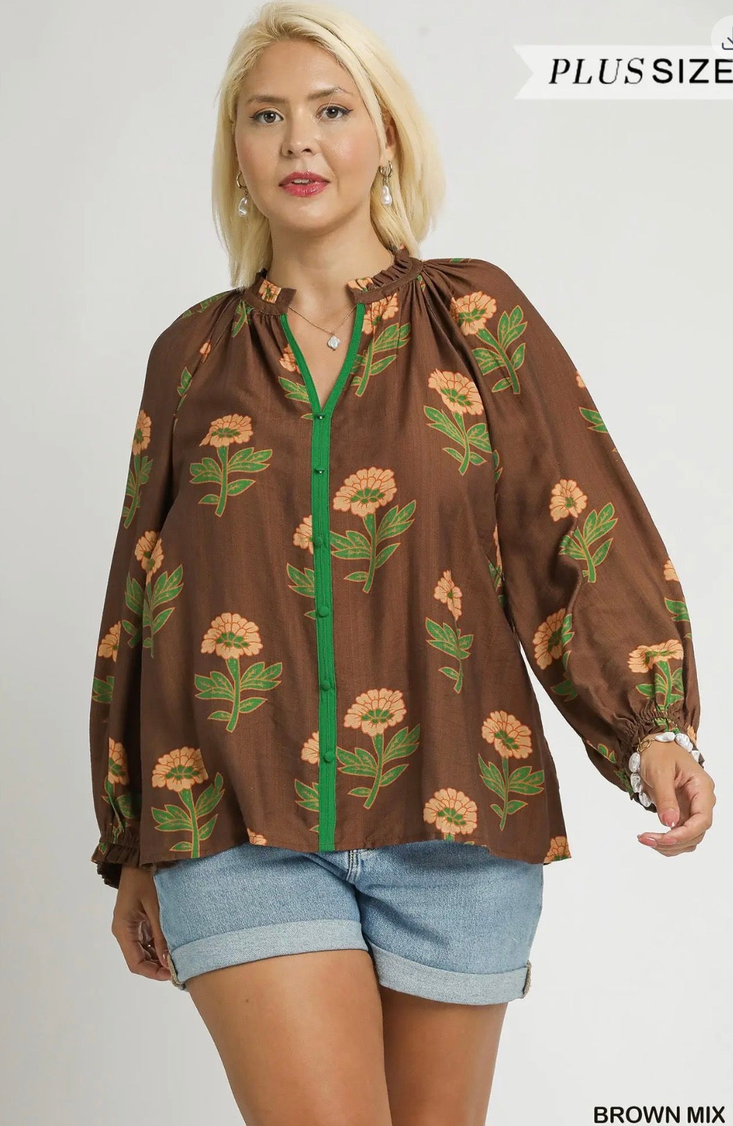 Umgee Big Flower Blouse Brown