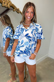 Umgee Ruffle Neck Floral Blouse Blue