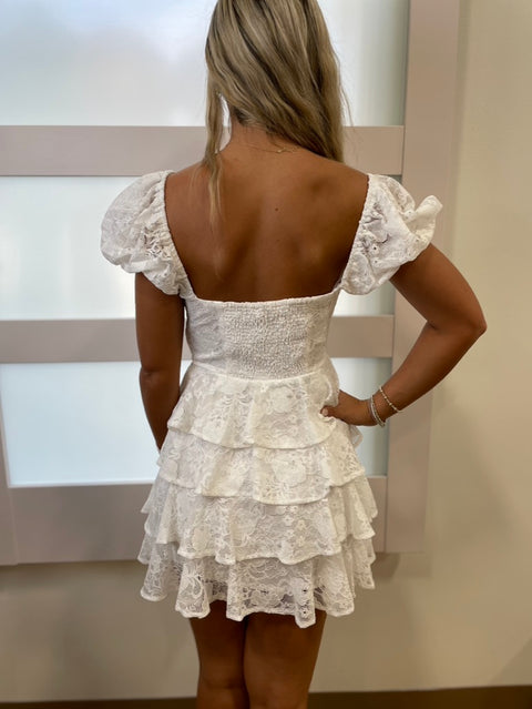 New Last Name Lace Tiered Dress White