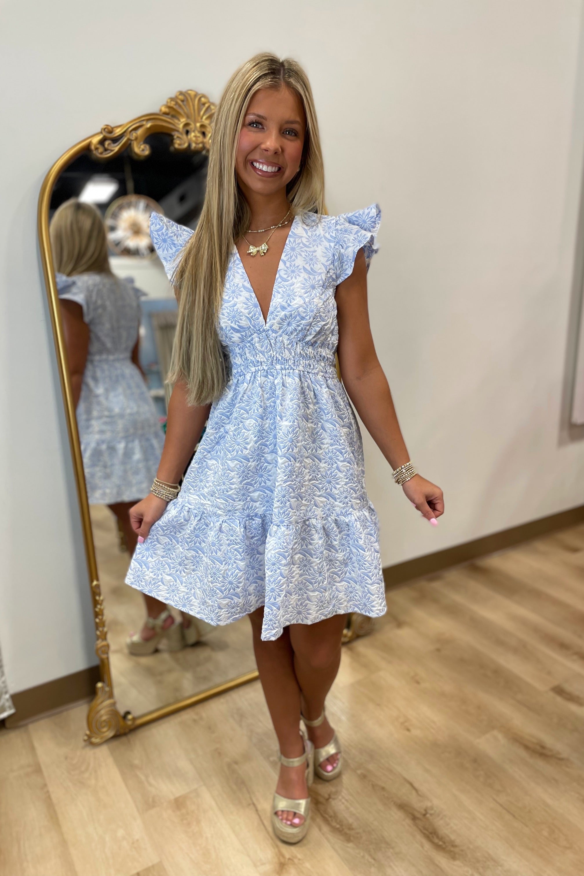 Pretty Petal V Neck Dress Blue