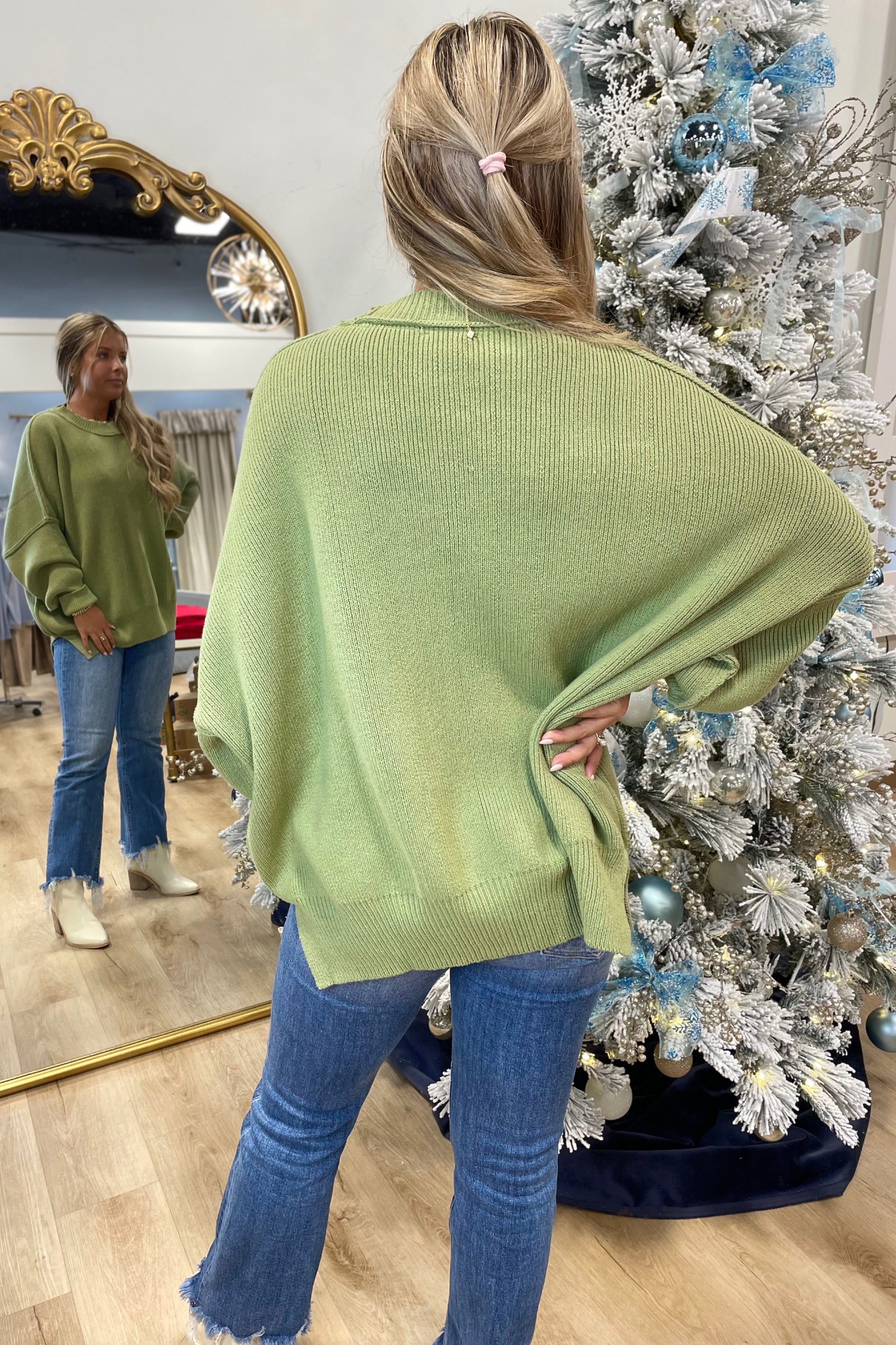 Trendy Side Slit Sweater Leek Green