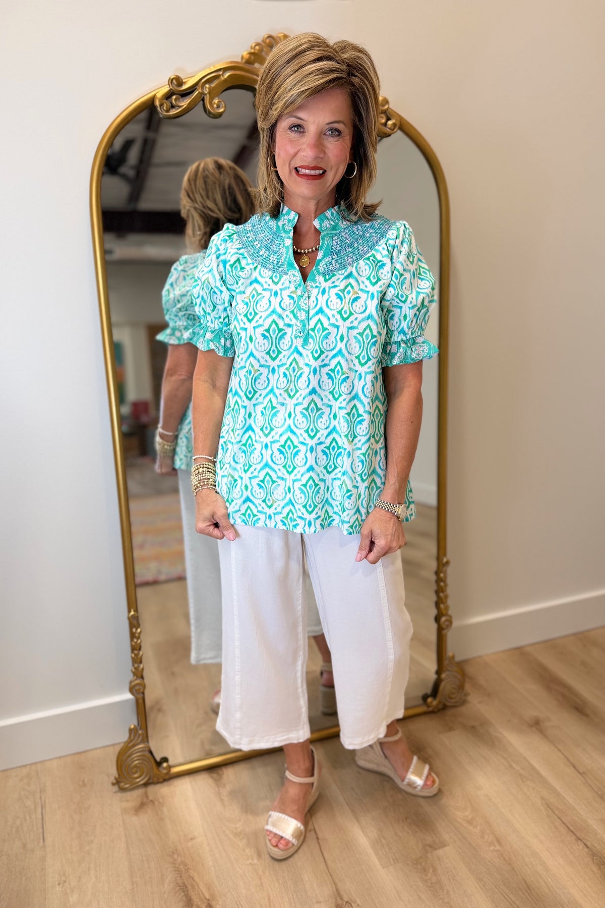 Umgee Smocked Neckline Blouse Jade